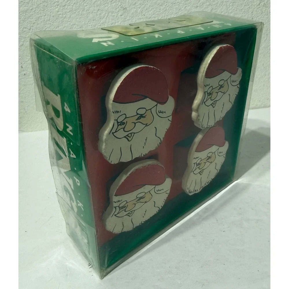 Vintage Hedaya Brothers Santa Claus Wood Napkin Rings Set of 4 Original Box